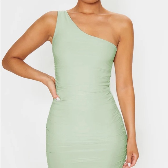 PrettyLittleThing Dresses & Skirts - Pretty Little Thing Sage Green Slinky One Shoulder Ruched Bodycon Dress